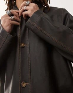 Reclaimed Vintage Leather Look Longerline Shacket In Dark Washed Brown For Unisex -Fit Outfits Store 206655903 3