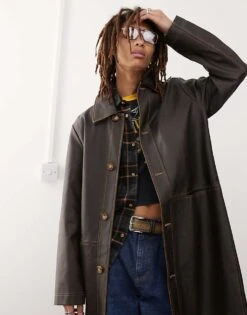 Reclaimed Vintage Leather Look Longerline Shacket In Dark Washed Brown For Unisex -Fit Outfits Store 206655903 4