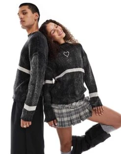 Reclaimed Vintage Unisex Knitted Jumper In Black Acid Wash With Stripe Detail For Unisex -Fit Outfits Store 206722985 2