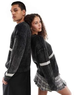 Reclaimed Vintage Unisex Knitted Jumper In Black Acid Wash With Stripe Detail For Unisex -Fit Outfits Store 206722985 4
