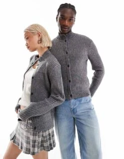 Reclaimed Vintage Unisex Ribbed Knit High Neck Buttoned Jumper For Unisex Grey -Fit Outfits Store 206731566 1 grey 1