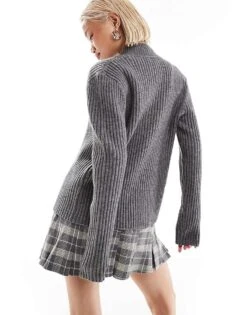 Reclaimed Vintage Unisex Ribbed Knit High Neck Buttoned Jumper For Unisex Grey -Fit Outfits Store 206731566 3