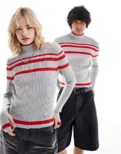 Reclaimed Vintage Unisex Knitted Top With Red Stripe For Unisex Grey -Fit Outfits Store 206731576 1 grey 1
