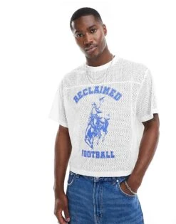 Reclaimed Vintage Cropped Boxy T Shirt In Airtex With Cowboy Football Graphic In White For Men