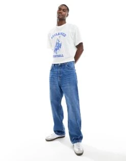Reclaimed Vintage Cropped Boxy T Shirt In Airtex With Cowboy Football Graphic In White For Men -Fit Outfits Store 206791770 3