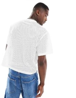 Reclaimed Vintage Cropped Boxy T Shirt In Airtex With Cowboy Football Graphic In White For Men -Fit Outfits Store 206791770 4