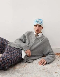 Reclaimed Vintage Polo Cardigan In Charcoal For Men Charocal