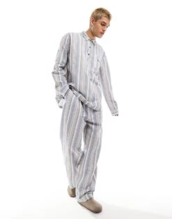 Reclaimed Vintage Long Sleeve Stripe Shirt And Short Co-ord In Blue