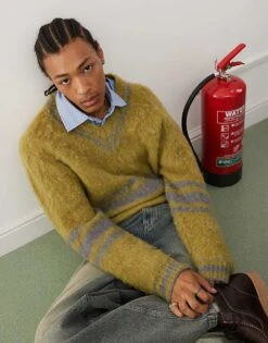 Reclaimed Vintage Varsity V-neck Jumper In Green And Grey For Men