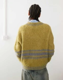 Reclaimed Vintage Varsity V-neck Jumper In Green And Grey For Men -Fit Outfits Store 206812271 4