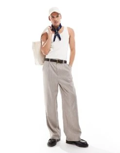 Reclaimed Vintage Baggy Tailored Trouser In Beige Pinstripe For Men Multi