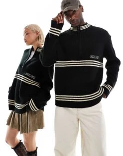Reclaimed Vintage Unisex Knitted Zip Up With Stripe Detail For Unisex Grey -Fit Outfits Store 206831680 1 grey 1