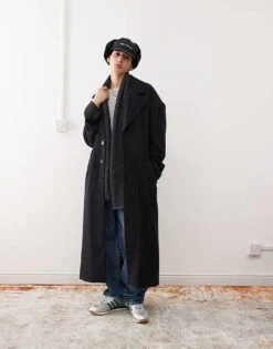 Reclaimed Vintage Oversized Coat In Pinstripe For Men Navy Pinstripe