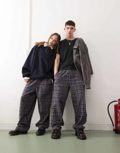 Reclaimed Vintage Unisex Heavyweight Baggy Trouser In Brown Check For Men Red Check