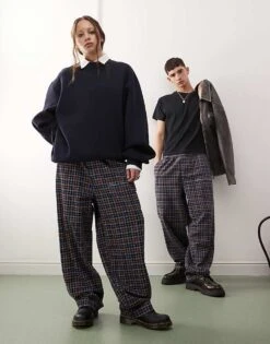 Reclaimed Vintage Unisex Heavyweight Baggy Trouser In Brown Check For Men Red Check -Fit Outfits Store 206934442 5