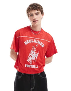 Reclaimed Vintage Cropped Boxy Airtex Football T Shirt With Cowboy Print In Red For Men -Fit Outfits Store 207037010 1 red 1