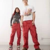 Reclaimed Vintage Unisex Red Check Print Barrel Leg Trouser For Unisex