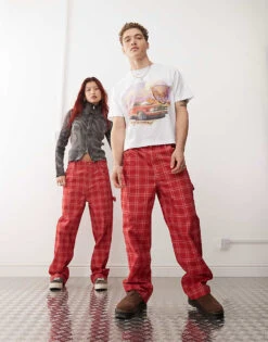 Reclaimed Vintage Unisex Red Check Print Barrel Leg Trouser For Unisex