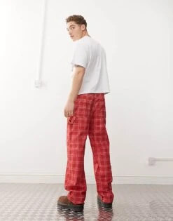 Reclaimed Vintage Unisex Red Check Print Barrel Leg Trouser For Unisex -Fit Outfits Store 207053136 4