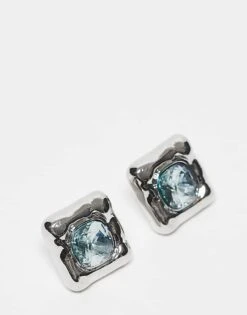 Reclaimed Vintage Unisex Square Set Studs With Blue Stone In Silver For Unisex -Fit Outfits Store 207093602 1 silver 1