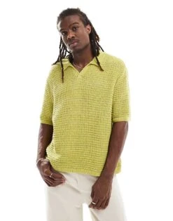 Reclaimed Vintage Boxy Cropped Crochet Polo In Green For Men
