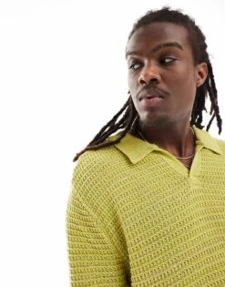 Reclaimed Vintage Boxy Cropped Crochet Polo In Green For Men -Fit Outfits Store 207101655 3