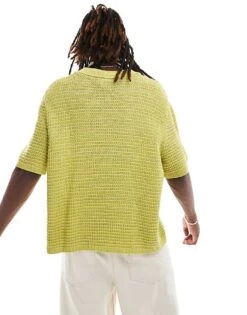 Reclaimed Vintage Boxy Cropped Crochet Polo In Green For Men -Fit Outfits Store 207101655 4