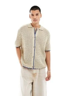 Reclaimed Vintage Button Through Knitted Shirt With Blanket Stitch Tipping For Men Stone