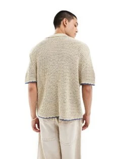 Reclaimed Vintage Button Through Knitted Shirt With Blanket Stitch Tipping For Men Stone -Fit Outfits Store 207108351 4