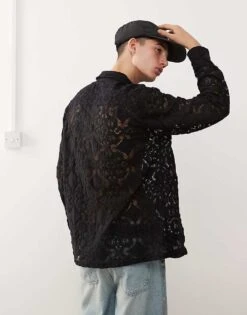 Reclaimed Vintage Unisex Long Sleeve Lace Shirt In Black For Unisex -Fit Outfits Store 207136502 4