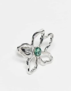 Reclaimed Vintage Unisex Oversized Flower Ring With Green Stone For Unisex Silver -Fit Outfits Store 207158507 1 silver 1