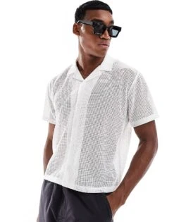 Reclaimed Vintage Cropped Boxy Shirt In Crochet For Men Beige -Fit Outfits Store 207168589 1 beige 1