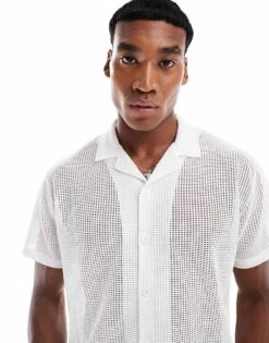 Reclaimed Vintage Cropped Boxy Shirt In Crochet For Men Beige -Fit Outfits Store 207168589 3