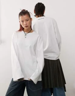 Reclaimed Vintage Unisex Oversized Skater Long Sleeve T-shirt In White For Unisex