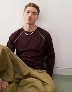 Reclaimed Vintage Long Sleeve T-shirt With Contrast Stitch In Burgundy For Men -Fit Outfits Store 207414783 1 burgundy 1