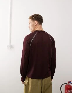 Reclaimed Vintage Long Sleeve T-shirt With Contrast Stitch In Burgundy For Men -Fit Outfits Store 207414783 3