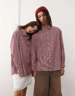 Reclaimed Vintage Unisex Oversized Shirt In Burgundy Stripe For Unisex