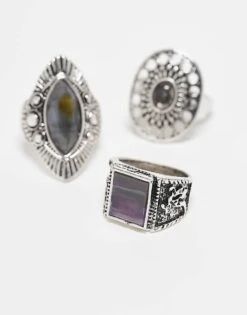 Reclaimed Vintage Unisex Ring 3 Pack With Faux Stones In Silver For Unisex -Fit Outfits Store 207438755 3