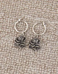 Reclaimed Vintage Unisex Huggie Hoops With Rose In Burnished Silver For Unisex