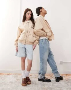 Reclaimed Vintage Unisex Zip Up Utility Bomber Jacket In Stone For Unisex -Fit Outfits Store 207551378 1 stone 1