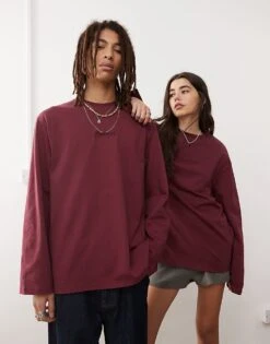 Reclaimed Vintage Unisex Oversized Skater Long Sleeve T-shirt In Washed Burgundy For Unisex -Fit Outfits Store 207597067 1 burgundy 1