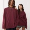 Reclaimed Vintage Unisex Oversized Skater Long Sleeve T-shirt In Washed Burgundy For Unisex