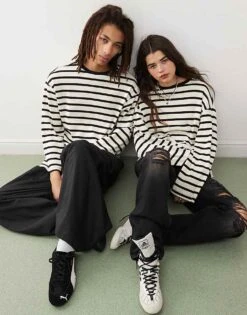 Reclaimed Vintage Unisex Long Sleeve T-shirt In Black And White Stripe For Unisex Multi