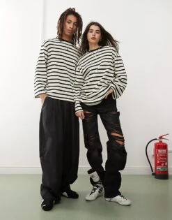 Reclaimed Vintage Unisex Long Sleeve T-shirt In Black And White Stripe For Unisex Multi -Fit Outfits Store 207599237 3