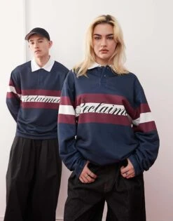 Reclaimed Vintage Unisex Rugby Polo Sweatshirt In Navy And Burgundy For Unisex -Fit Outfits Store 207634670 1 navy 1