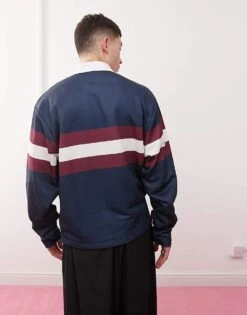 Reclaimed Vintage Unisex Rugby Polo Sweatshirt In Navy And Burgundy For Unisex -Fit Outfits Store 207634670 3