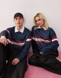 Reclaimed Vintage Unisex Rugby Polo Sweatshirt In Navy And Burgundy For Unisex -Fit Outfits Store 207634670 4