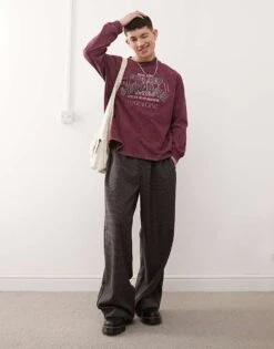 Reclaimed Vintage Long Sleeve T-shirt In Burgundy For Men -Fit Outfits Store 207679073 4