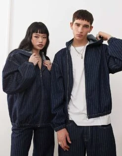 Reclaimed Vintage Unisex Hooded Denim Jacket Co-ord In Indigo Pinstripe For Men