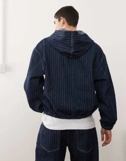 Reclaimed Vintage Unisex Hooded Denim Jacket Co-ord In Indigo Pinstripe For Men -Fit Outfits Store 207679091 3